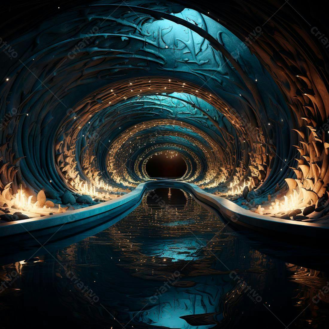Túnel místico azul e dourado com chamas