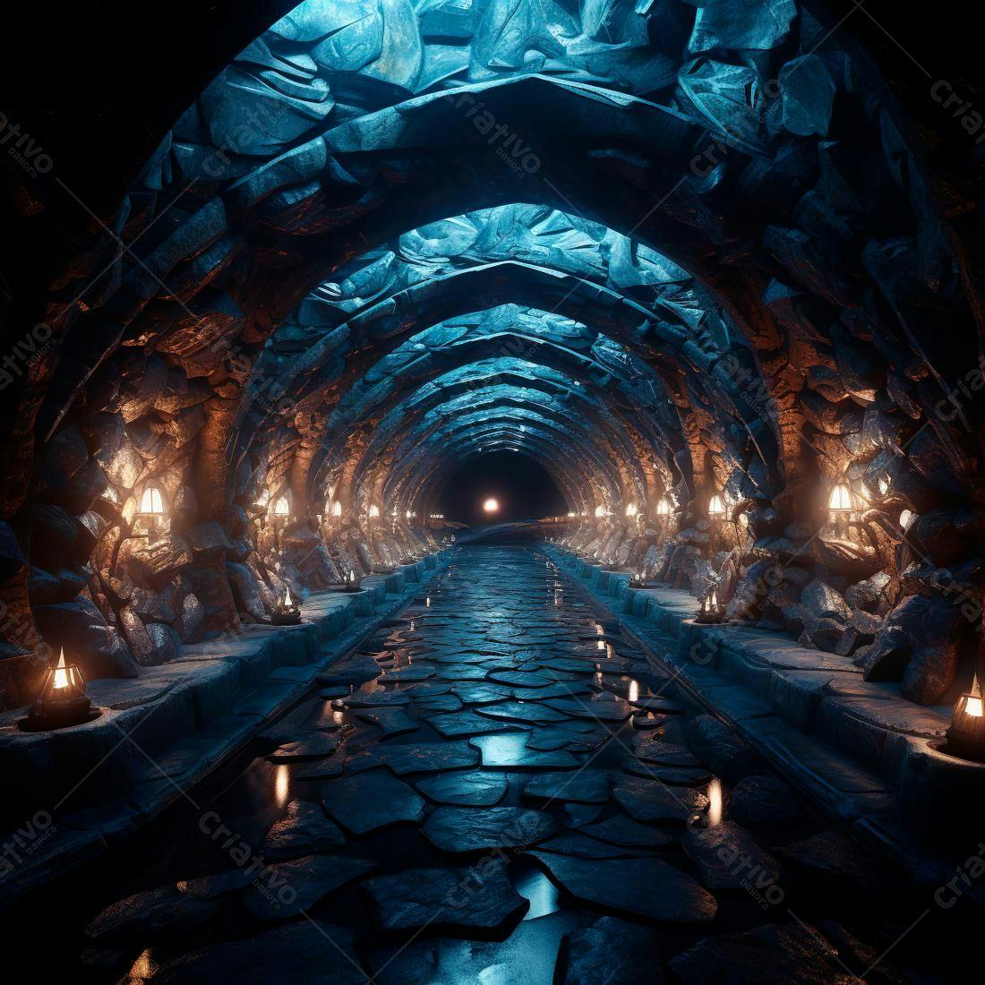 Túnel de pedra azul e dourado com iluminação mágica