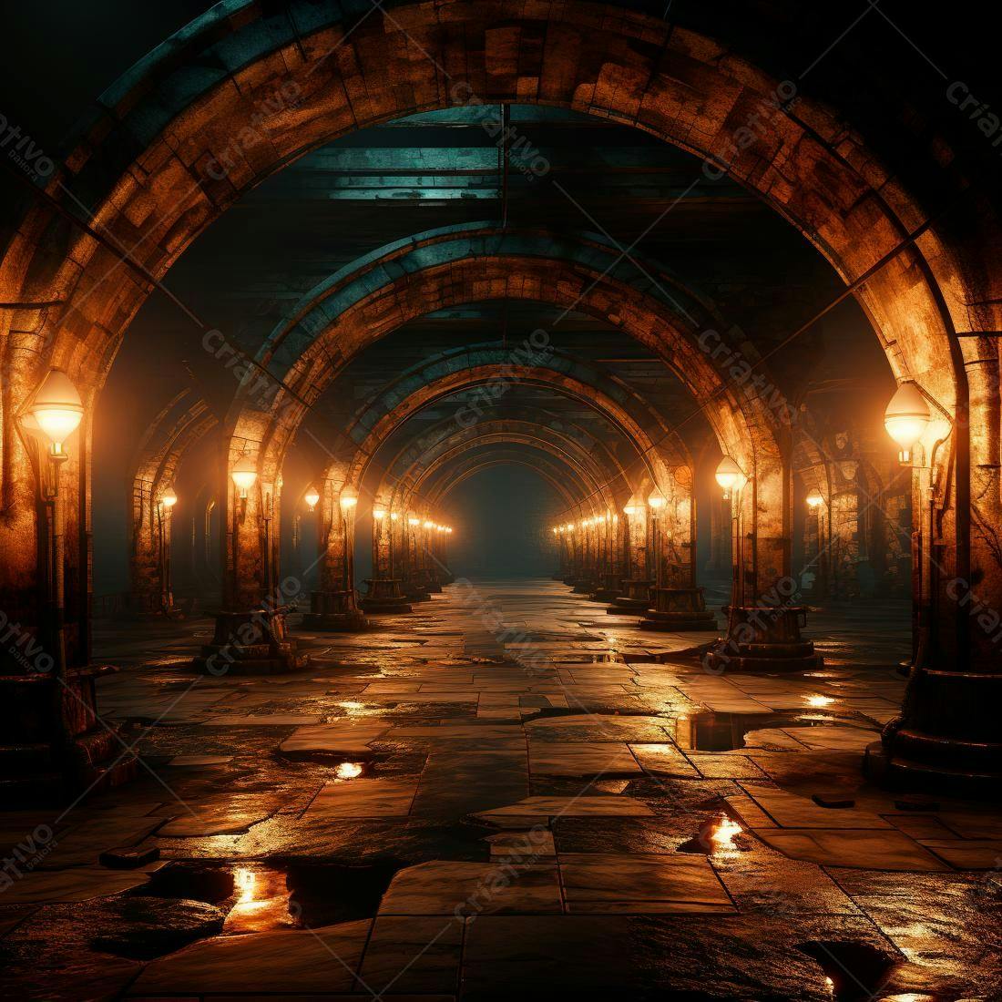 Passagem subterrânea iluminada à noite