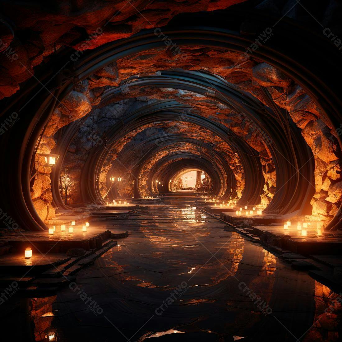 Túnel subterrâneo iluminado por velas