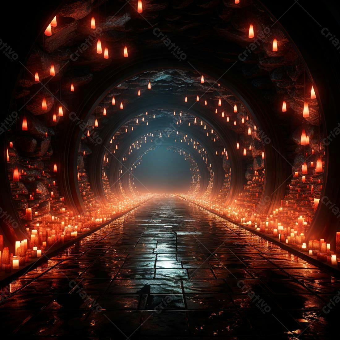 Túnel iluminado por velas e luzes suspensas