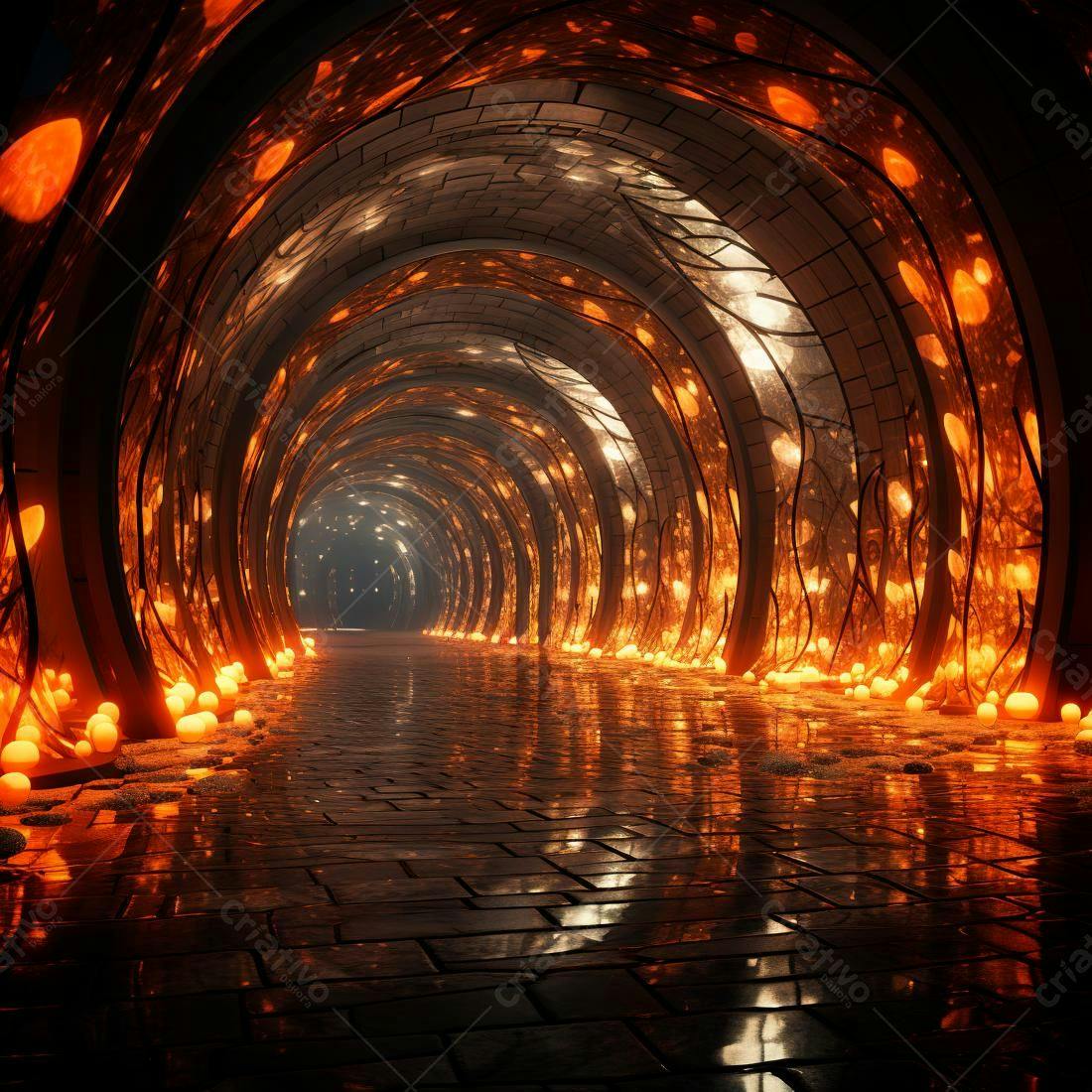 Túnel iluminado com luzes laranja e arquitetura circular
