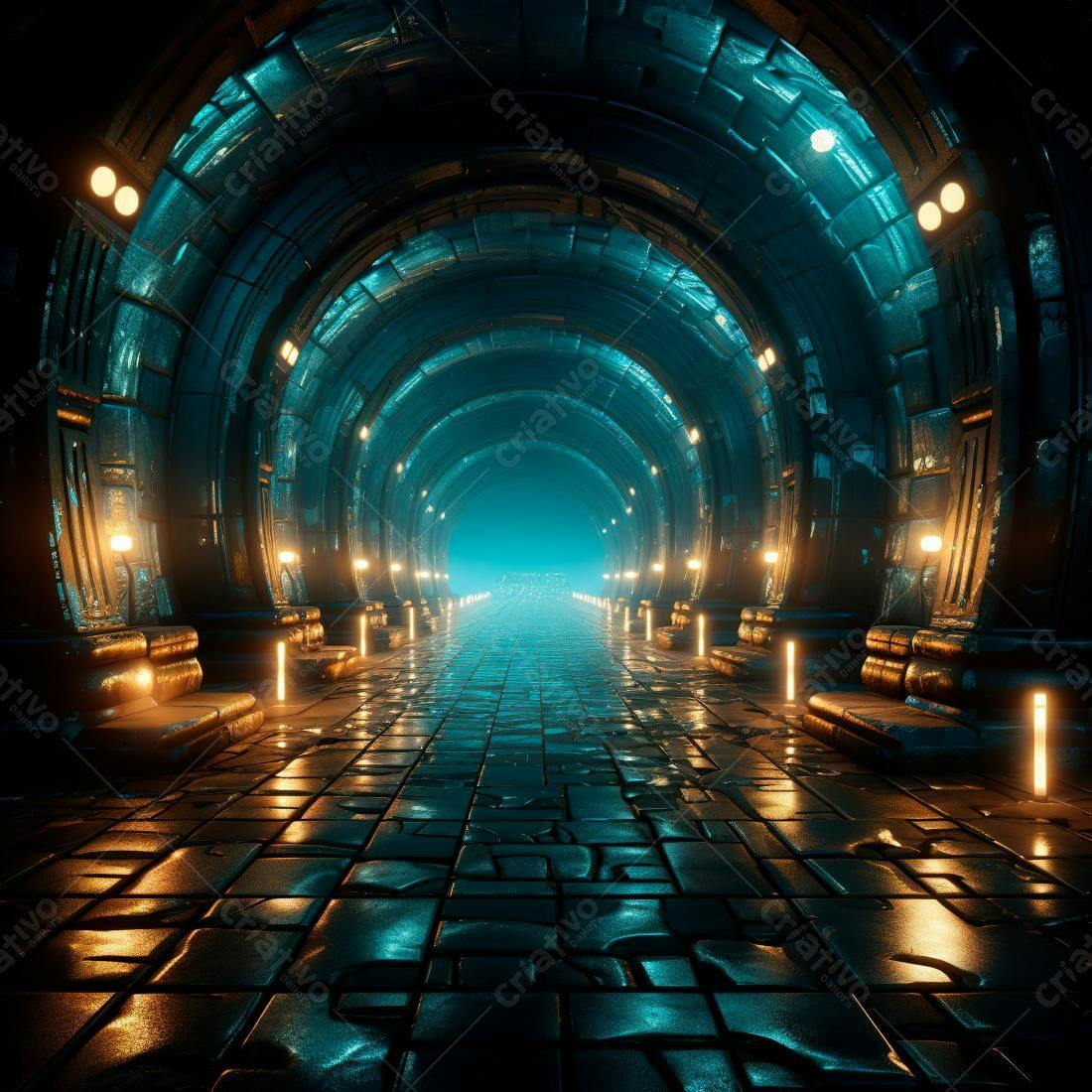Túnel futurista azul e dourado