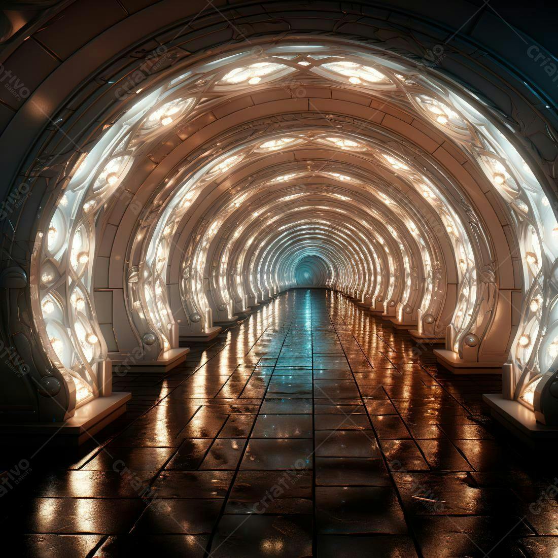 Túnel futurista iluminado com arcos