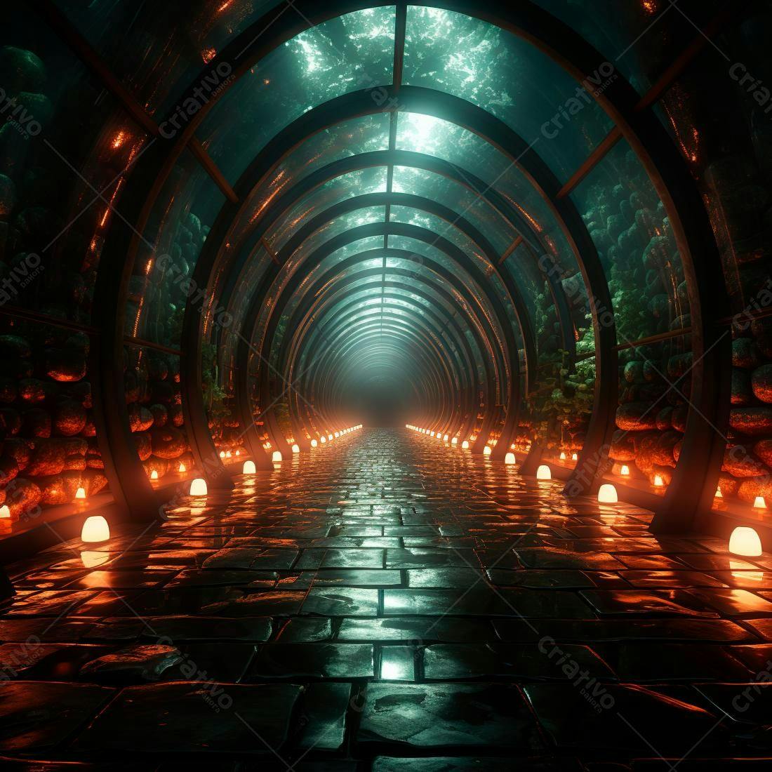 Túnel futurista com luzes laranja e verde