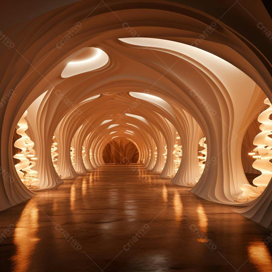 Corredor futurista tons creme e dourado