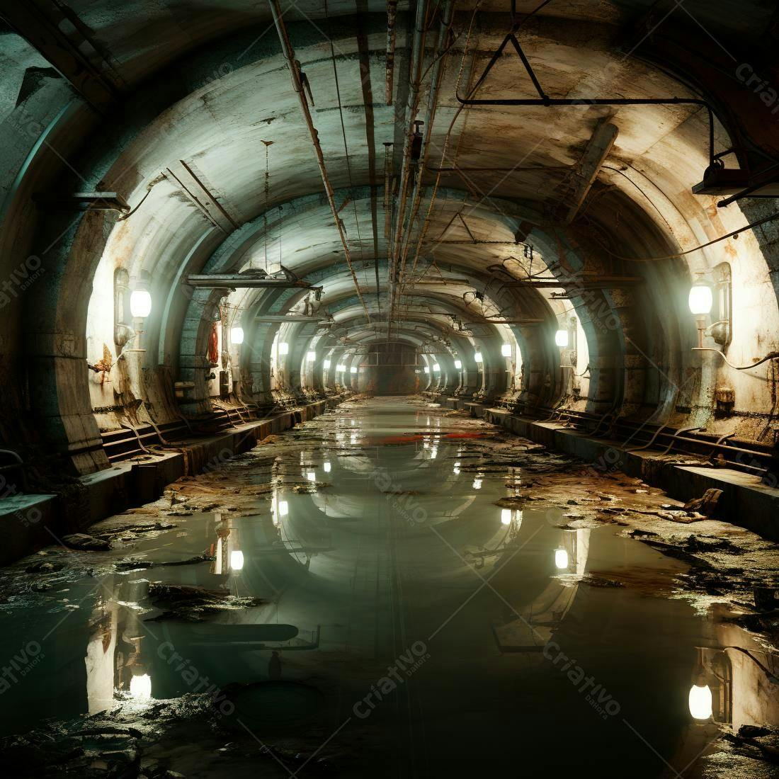Túnel inundado antigo com reflexos de luz