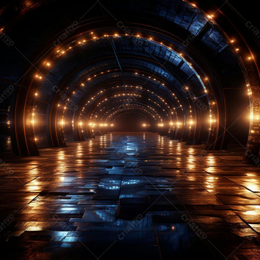 Túnel futurista com luzes laranja e azul