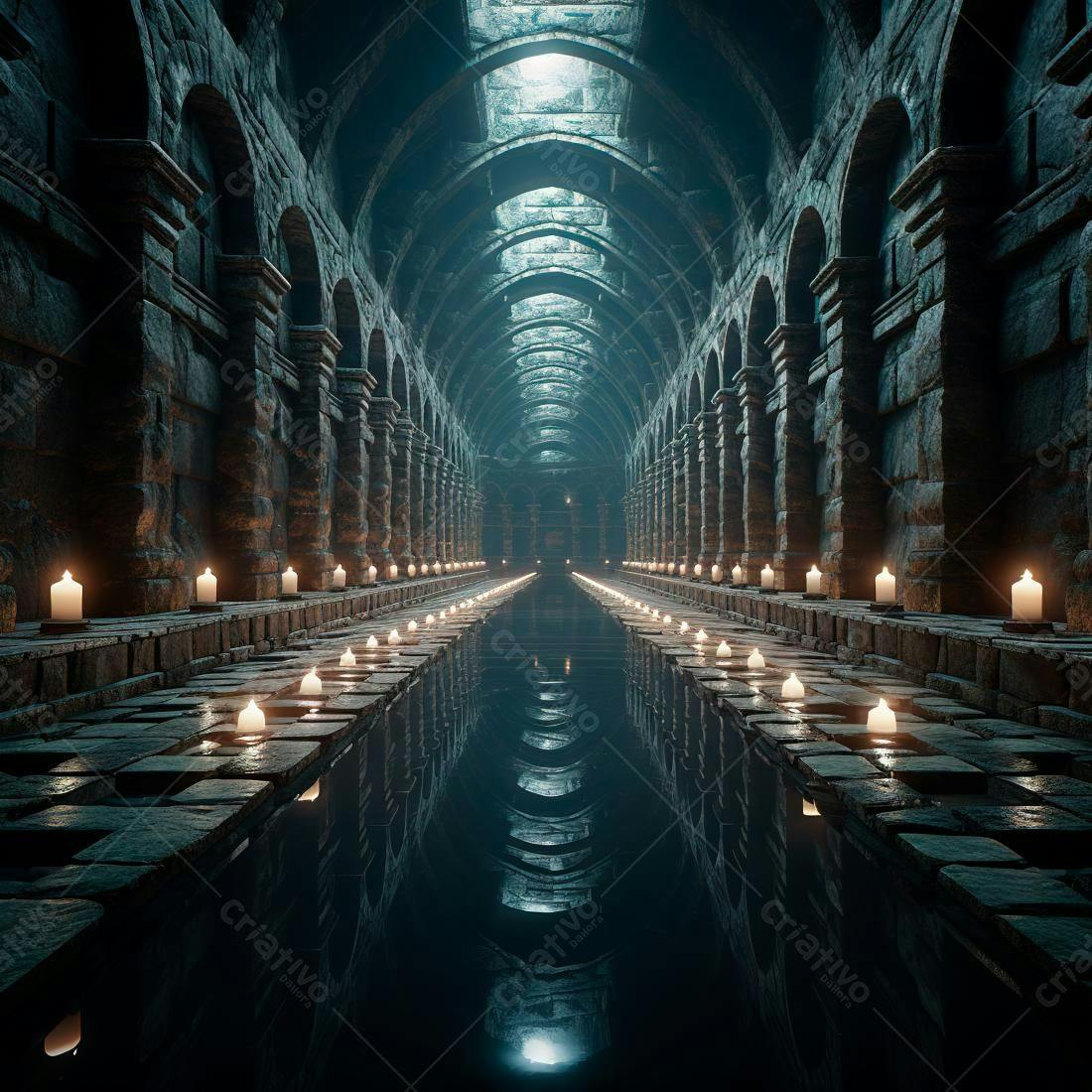 Túnel medieval com velas e água espelhada