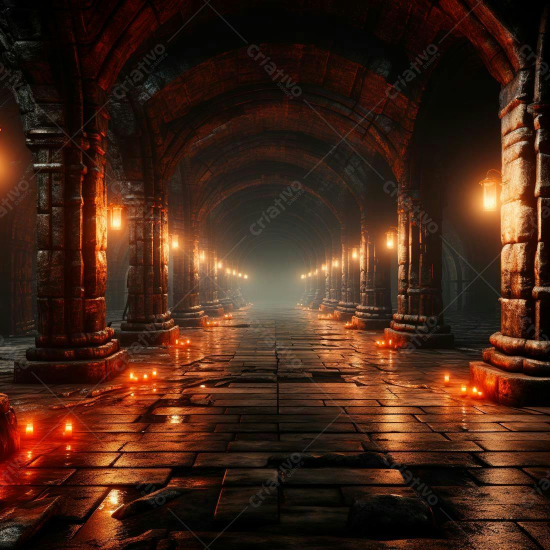 Corredor medieval iluminado a velas
