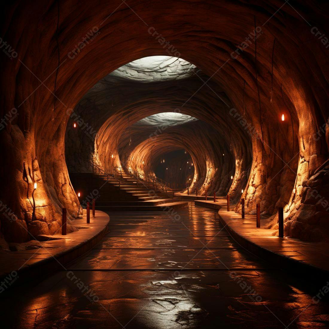 Túnel de pedra iluminado por velas