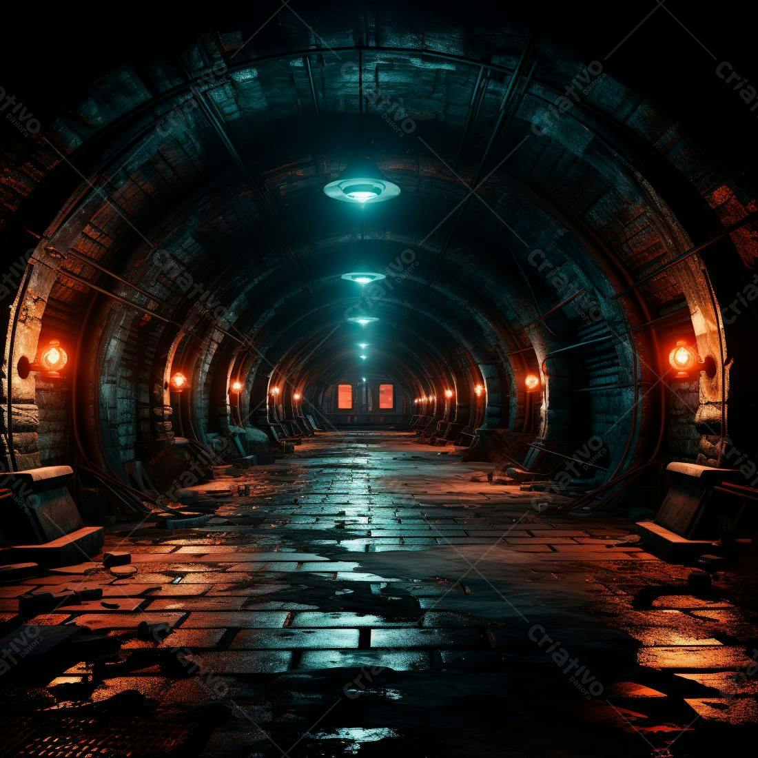 Túnel subterrâneo escuro com iluminação laranja e azul