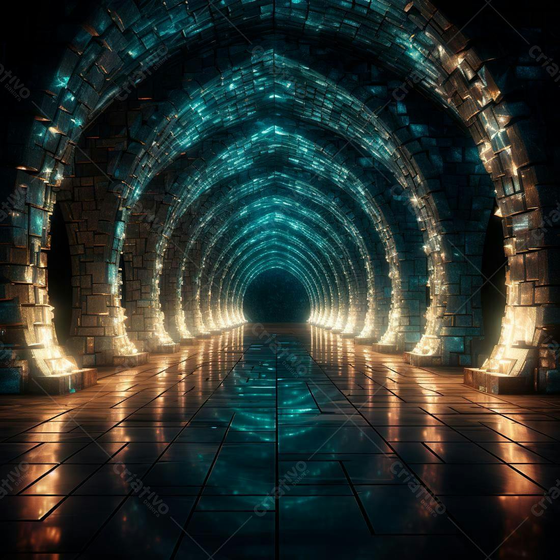Túnel futurista com arcos e luzes azuis e douradas