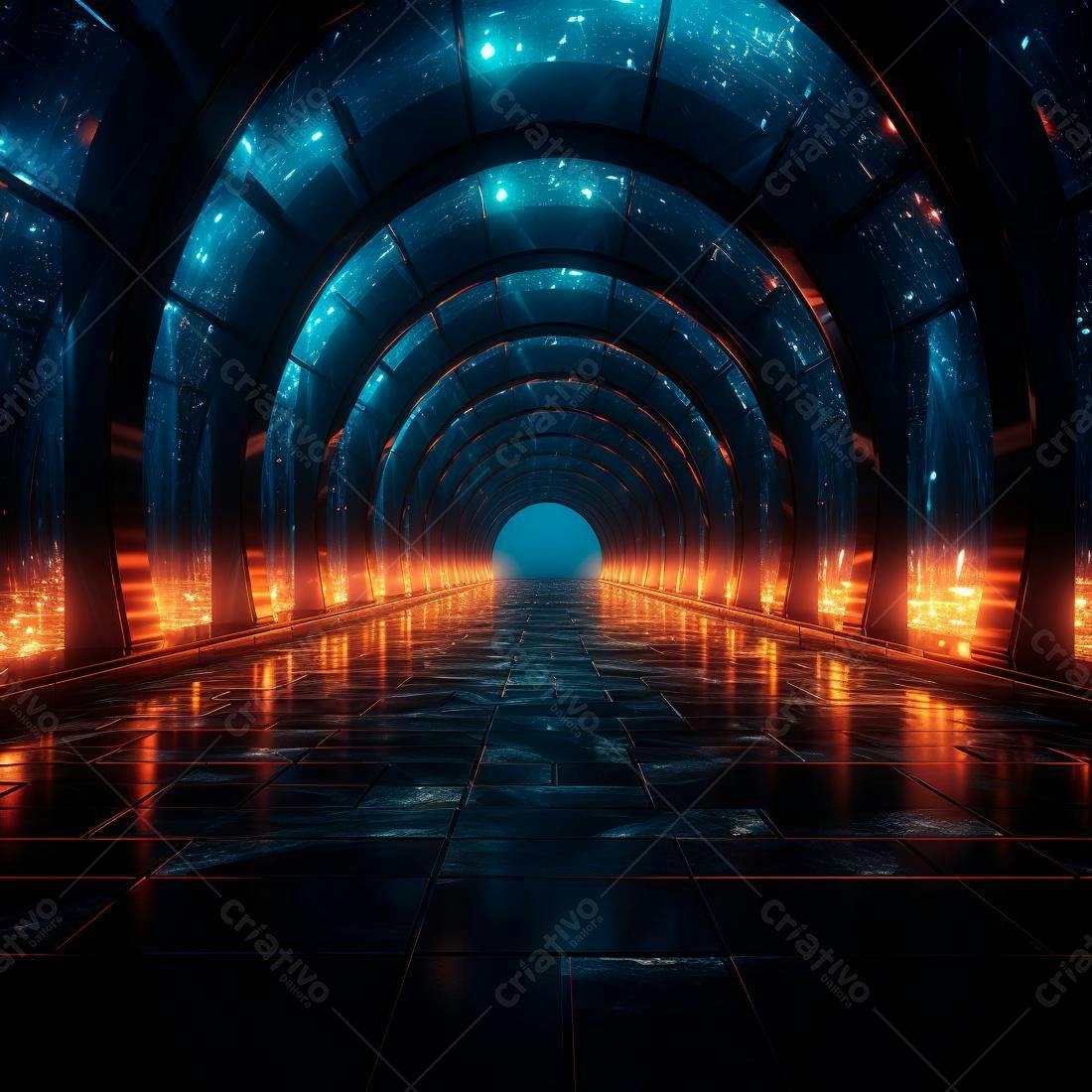 Túnel futurista com luzes laranja e azul