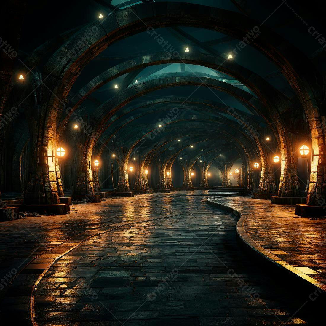 Passagem subterrânea gótica iluminada