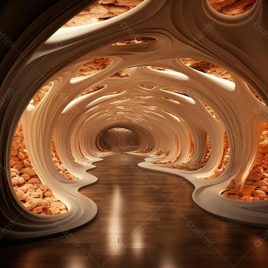 Túnel futurista com iluminação laranja e paredes orgânicas