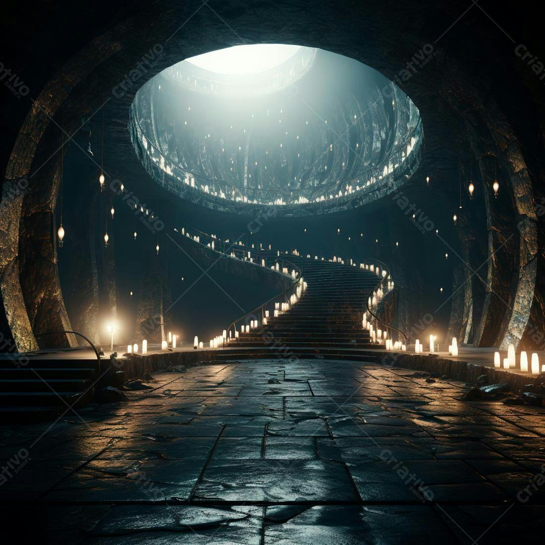 Escada em espiral iluminada por velas em caverna