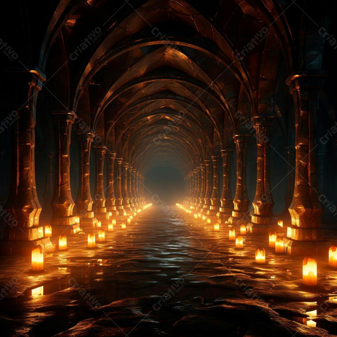 Corredor gótico com velas acesas