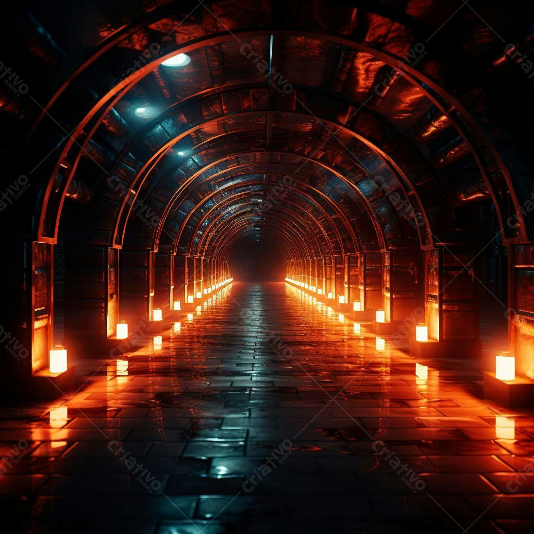 Túnel arqueado com luzes laranja e azul