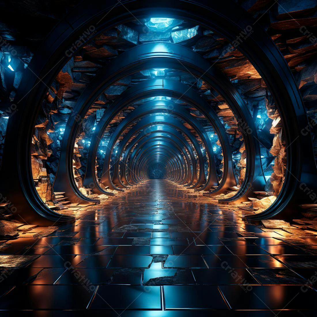 Túnel futurista azul e dourado com pedras