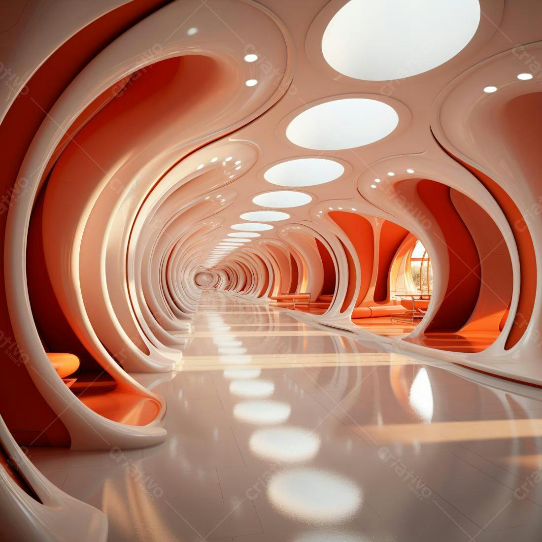 Corredor futurista laranja e branco arquitetura moderna