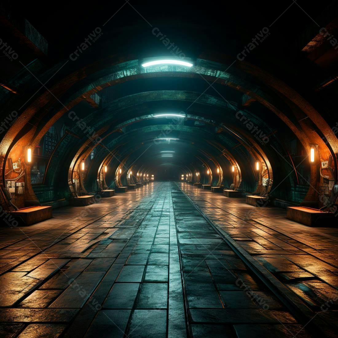 Corredor futurista com iluminação teal e laranja