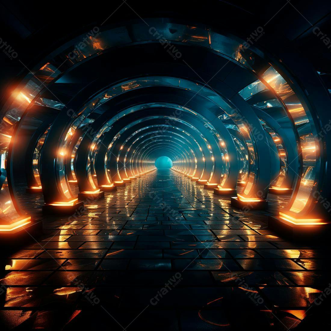 Túnel futurista com iluminação laranja e azul