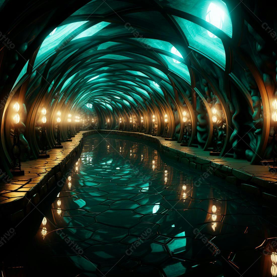 Canal subterrâneo iluminado com arquitetura fantástica