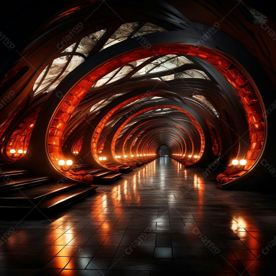 Corredor futurista com iluminação laranja e arquitetura orgânica