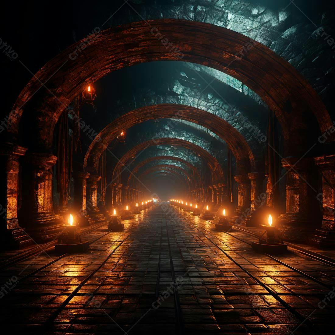 Corredor medieval iluminado por tochas