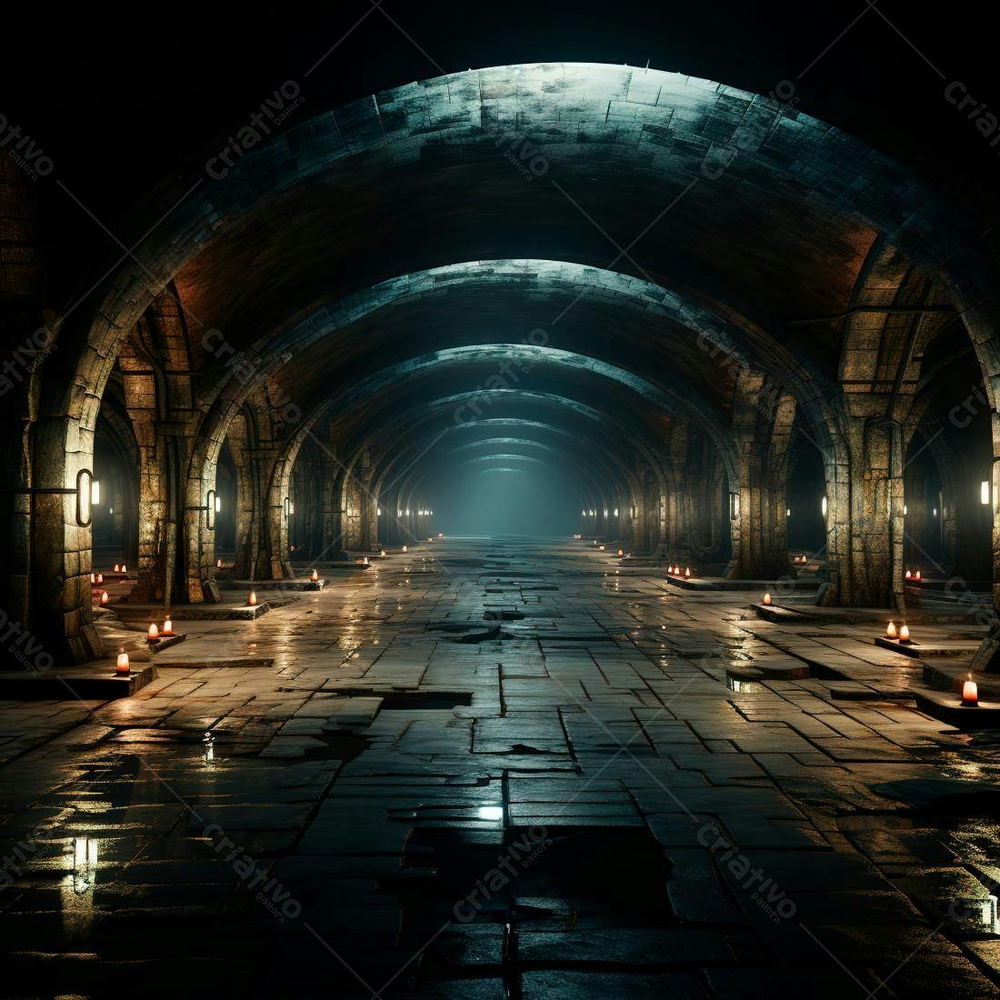 Corredor medieval com velas e piso molhado