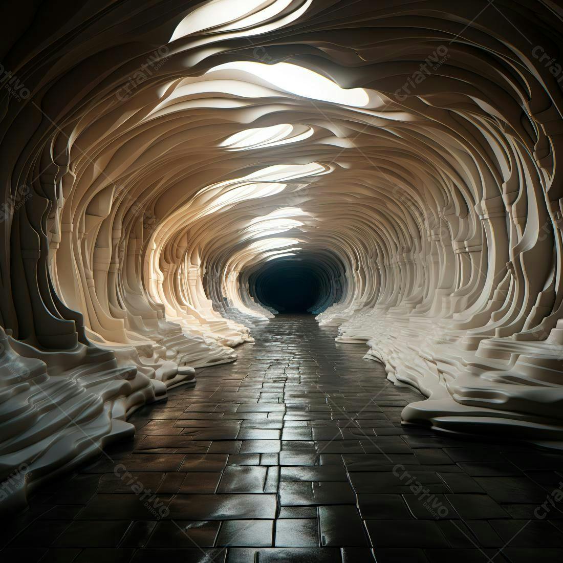 Túnel abstrato com iluminação suave e paredes curvas