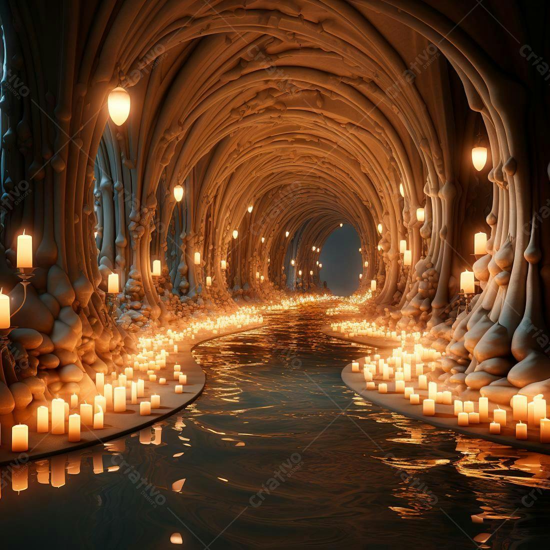 Túnel mágico com velas e rio de luz