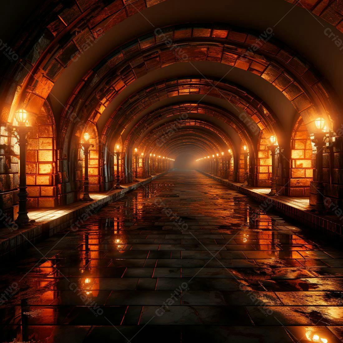 Túnel medieval iluminado à noite