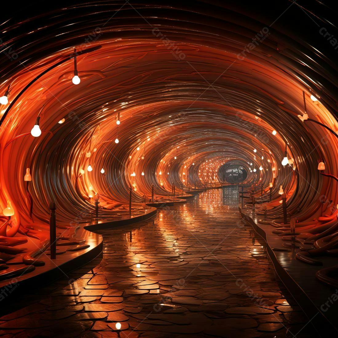 Túnel espiral iluminado tons laranja