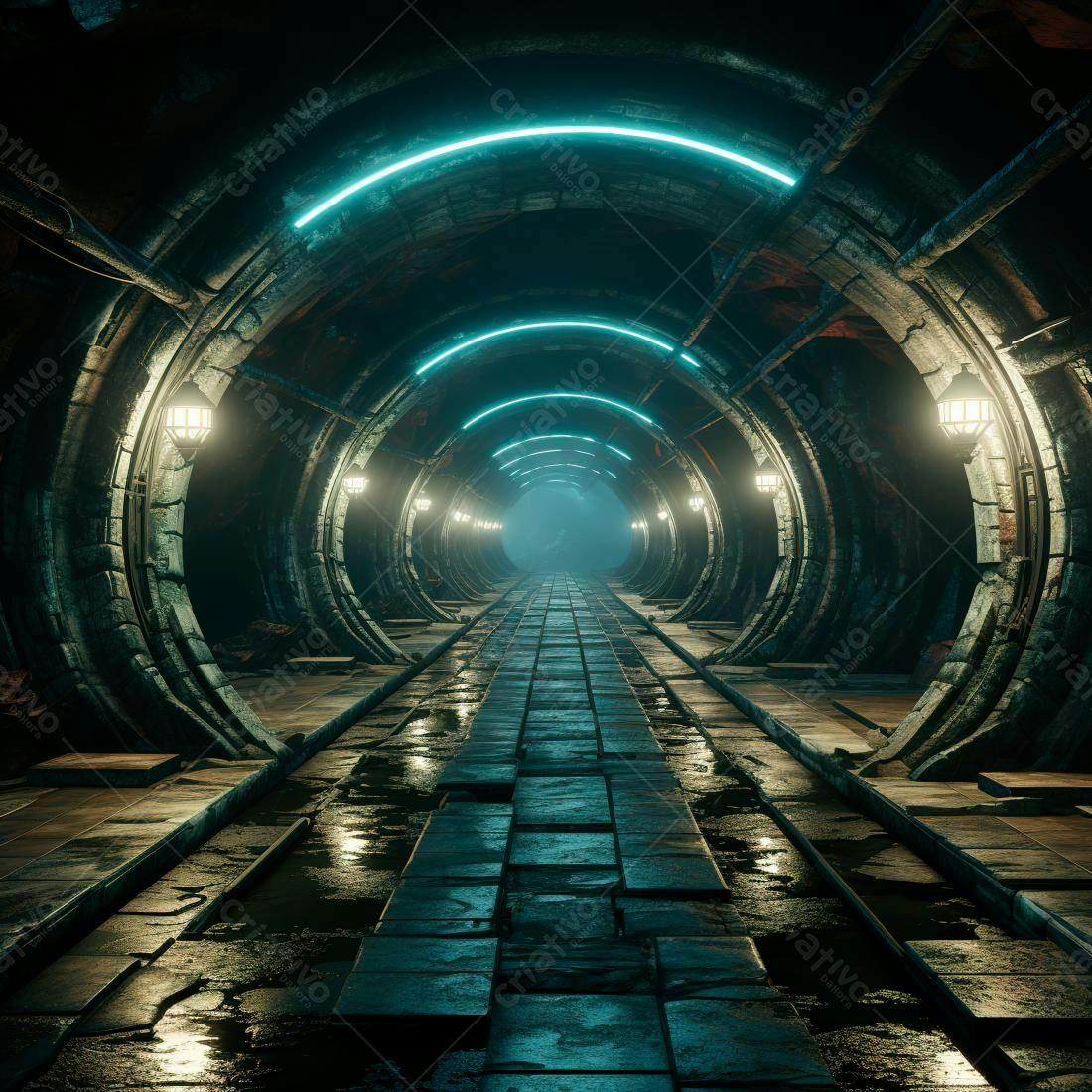 Túnel futurista com iluminação teal