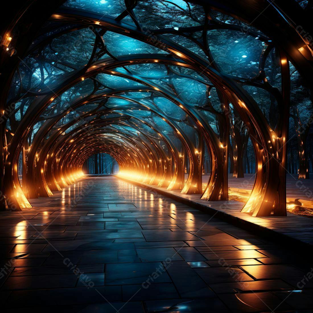 Túnel iluminado em floresta noturna