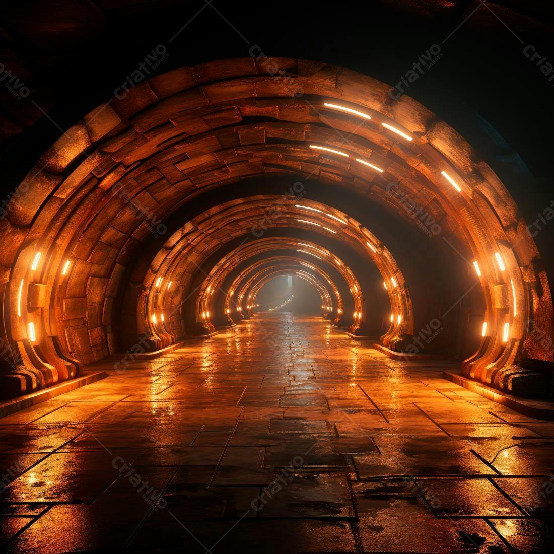 Túnel futurista em tons de laranja