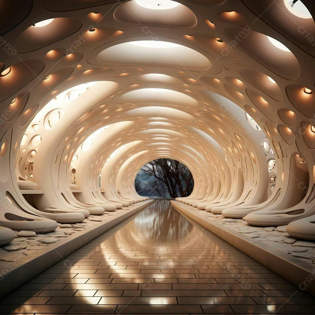 Túnel futurista com iluminação suave e bancos arredondados