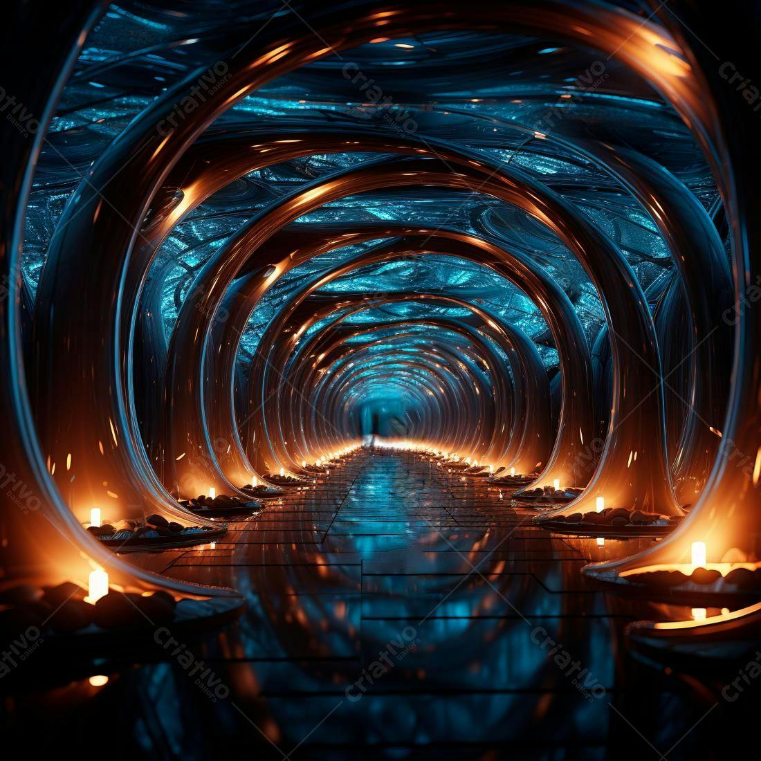 Túnel futurista azul e laranja com velas