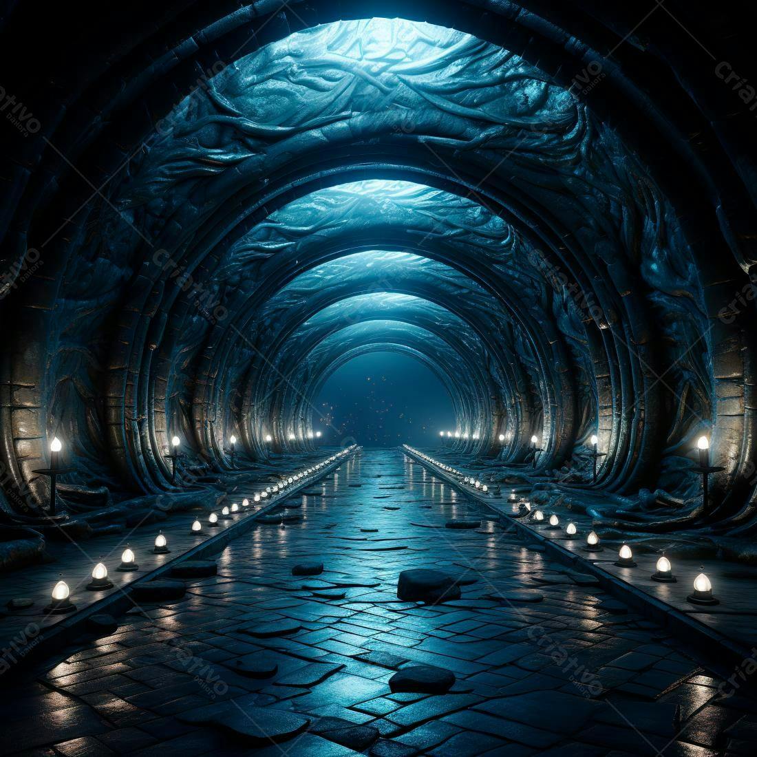 Túnel Azul Místico com Iluminação de Velas
