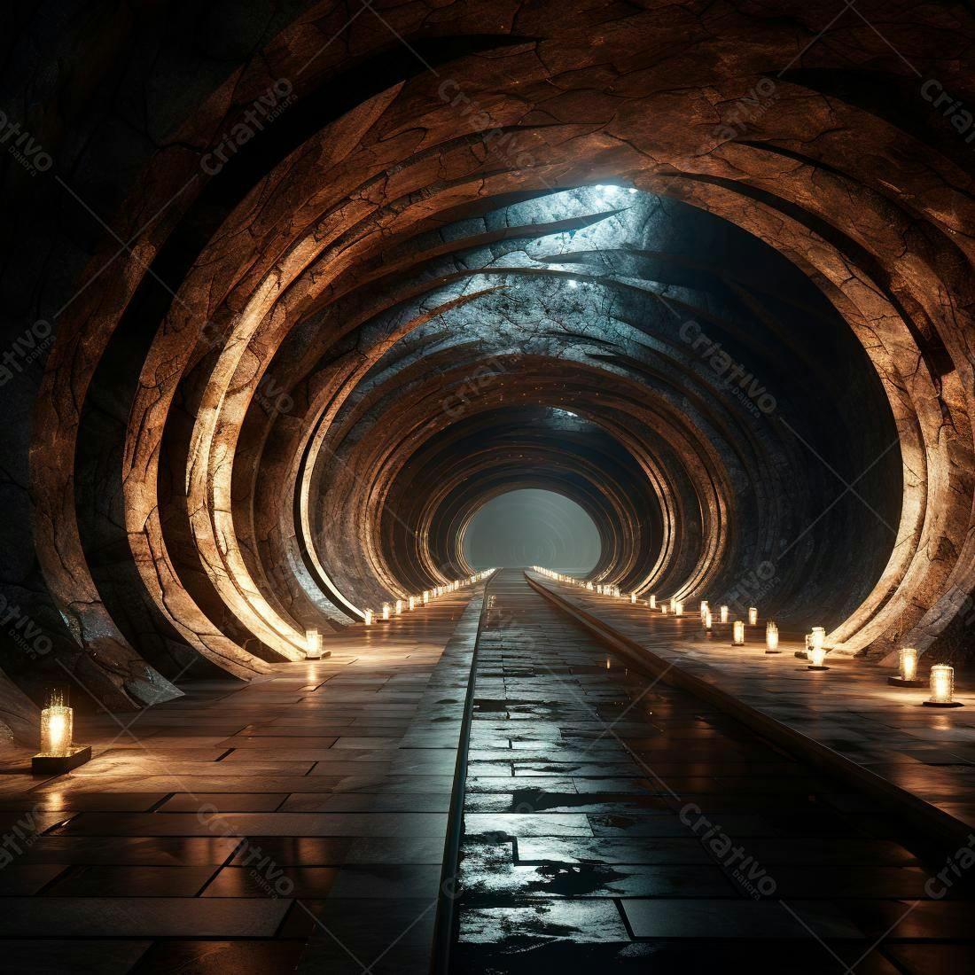 Túnel circular de pedra com iluminação}
description[Imagem de um longo túnel circular com paredes de pedra escura e tons marrom e dourado. O chão é de pedra, com um caminho central molhado. Luzes suaves em jarros de vidro iluminam o ambiente, criando uma atmosfera misteriosa e enigmática.
