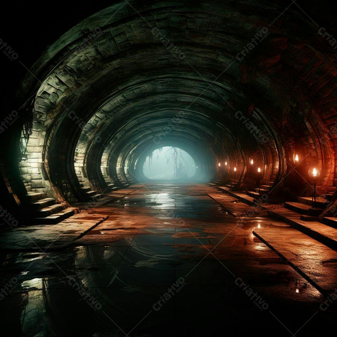 Túnel antigo misterioso com iluminação acesa