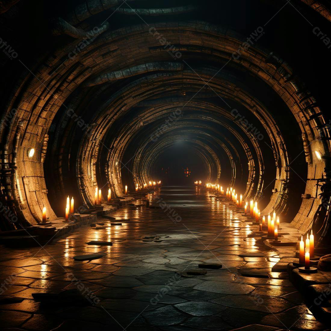 Túnel medieval com velas acesas