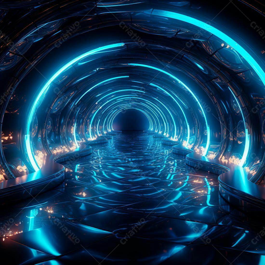 Túnel futurista com iluminação azul e néon