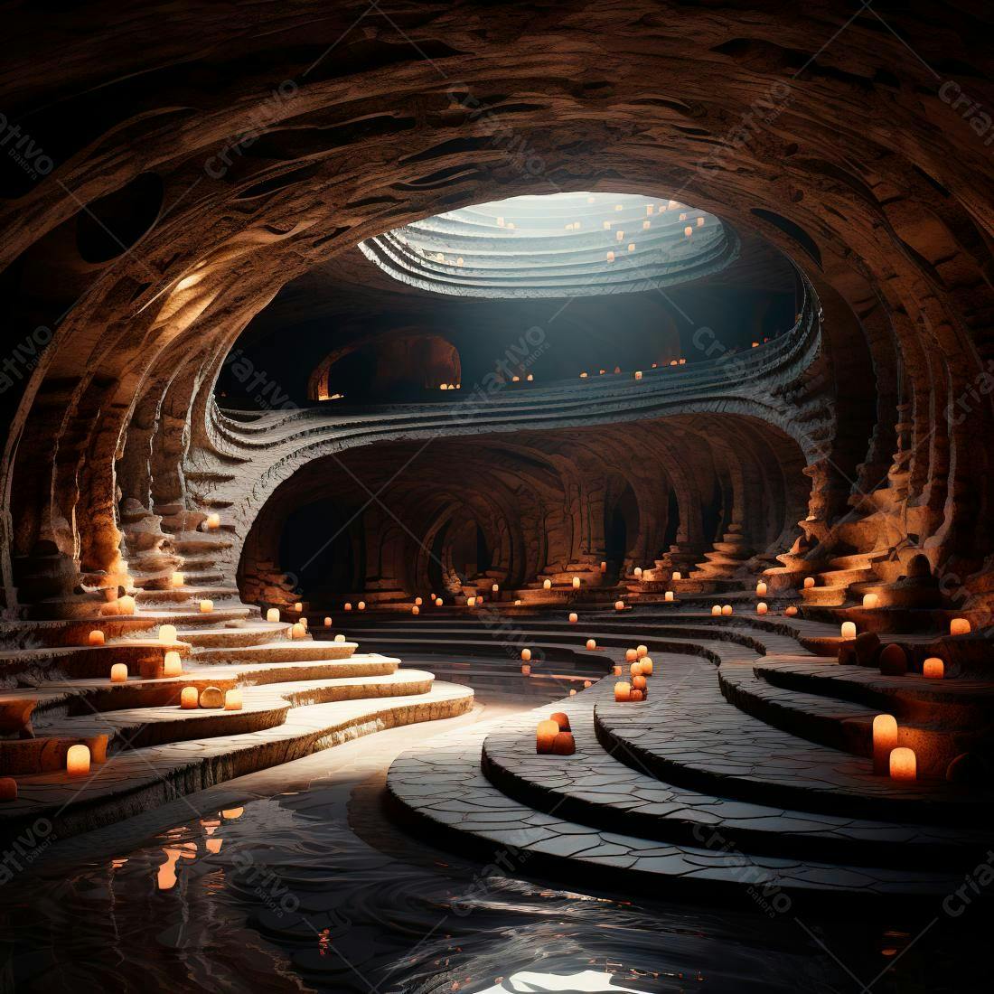 Caverna subterrânea iluminada por velas