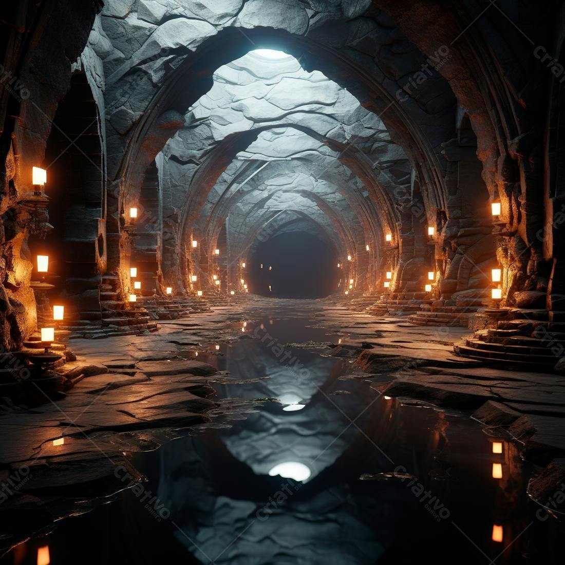 Túnel de pedra com velas iluminando caminho