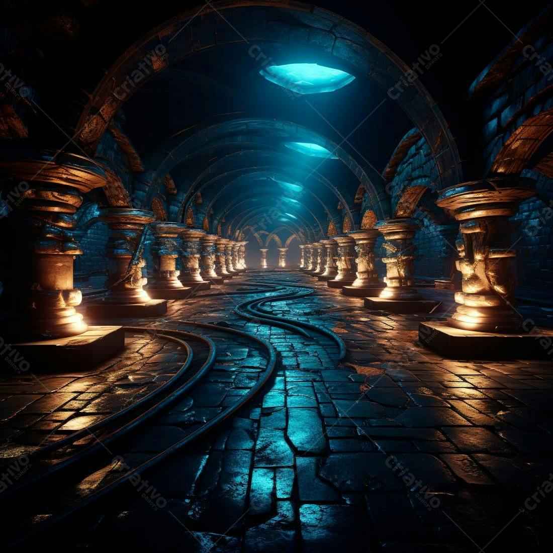 Corredor subterrâneo com colunas antigas e iluminação azul