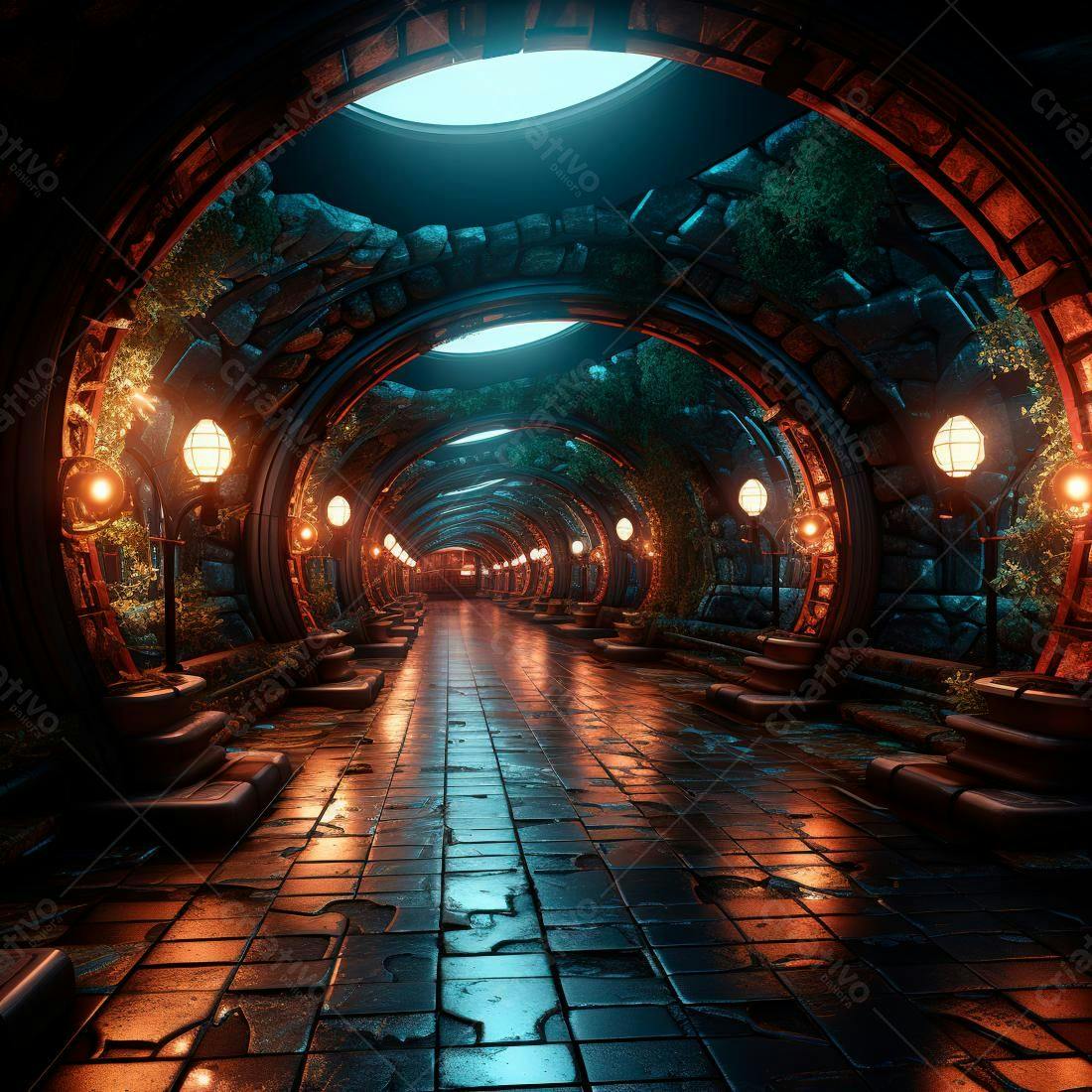 Túnel futurista com iluminação laranja e verde