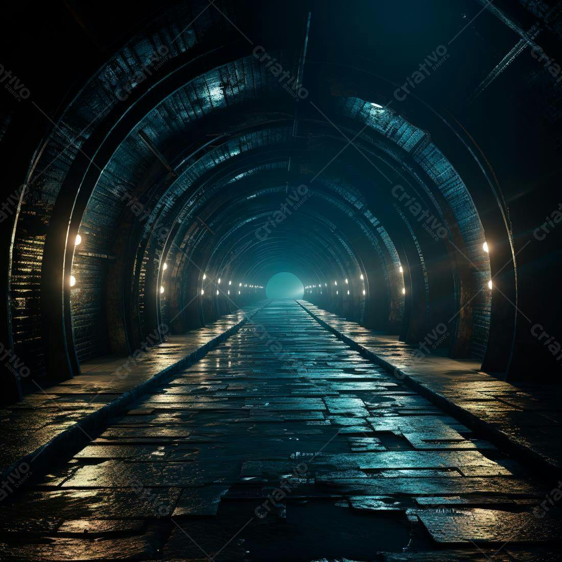 Túnel misterioso com iluminação azul e caminho de pedra